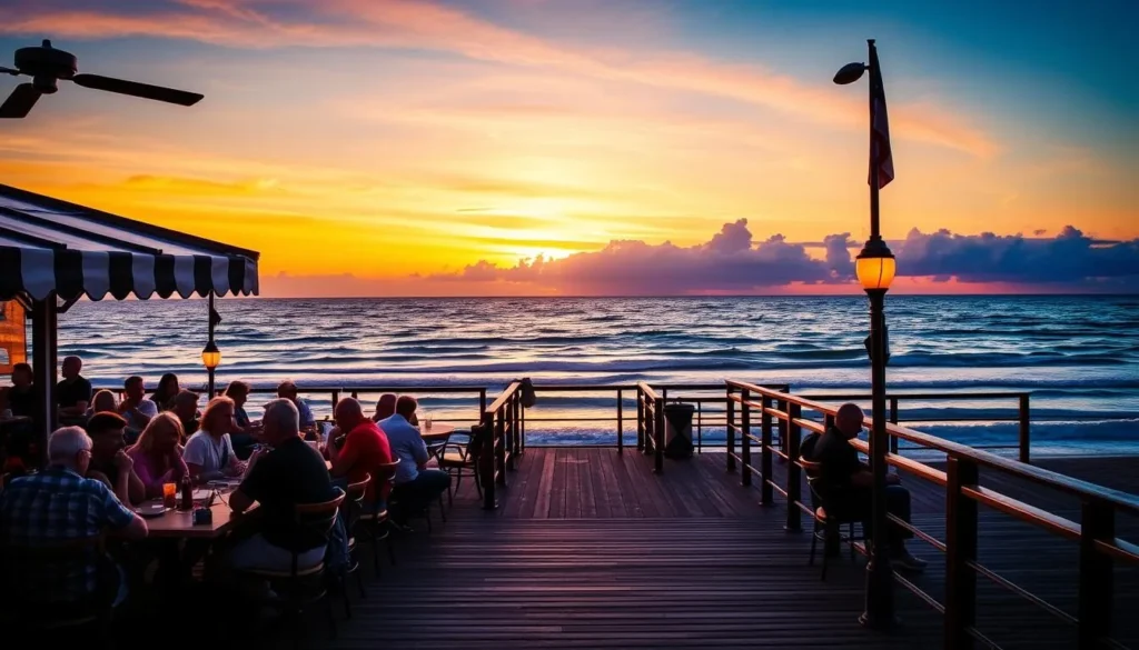Generate an image of the Cocoa Beach Pier at sunset with people dining at a restaurant and enjoying the ocean views.