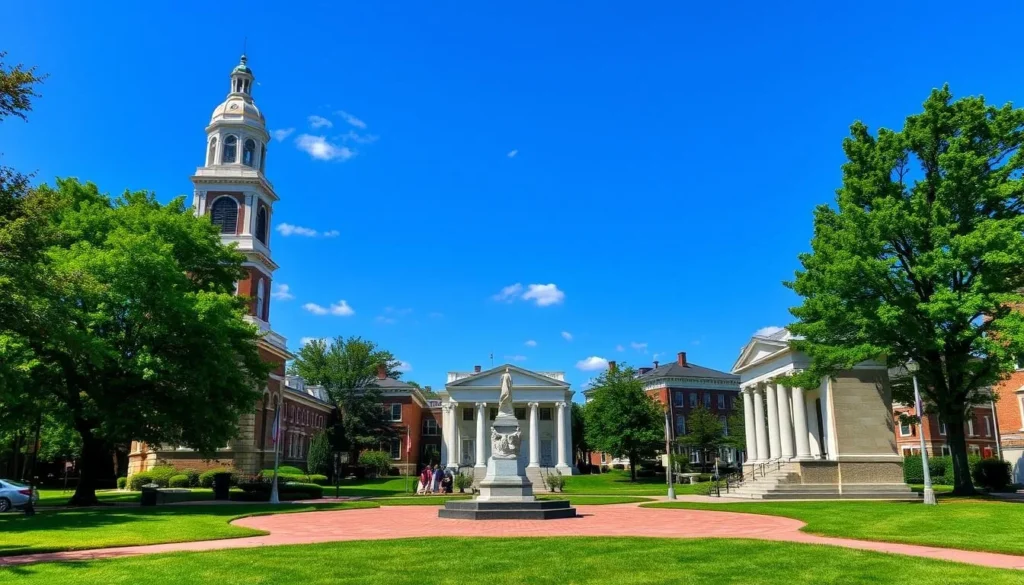 Generate an image of the Constitution Square Historic Site in Danville, Kentucky, showcasing its historic buildings and monuments.
