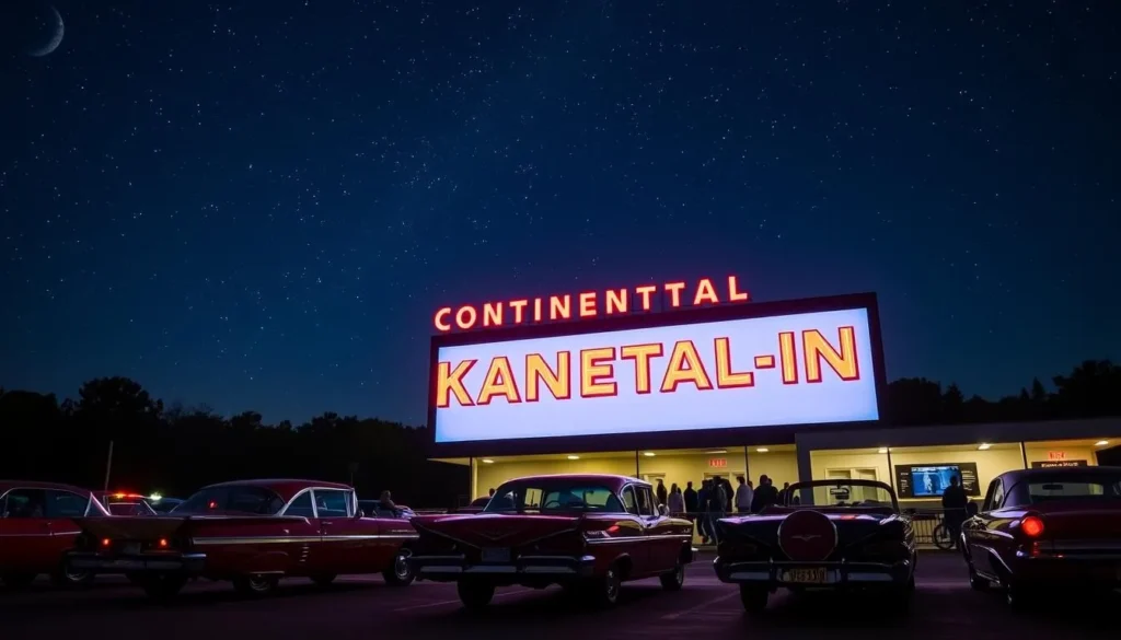 Generate an image of the Continental Drive-In screen at night