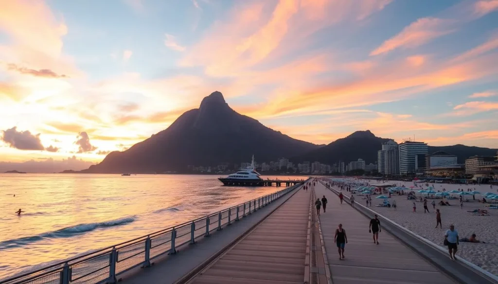 Generate an image of the Copacabana boardwalk at sunset with the Sugarloaf Mountain in the background.