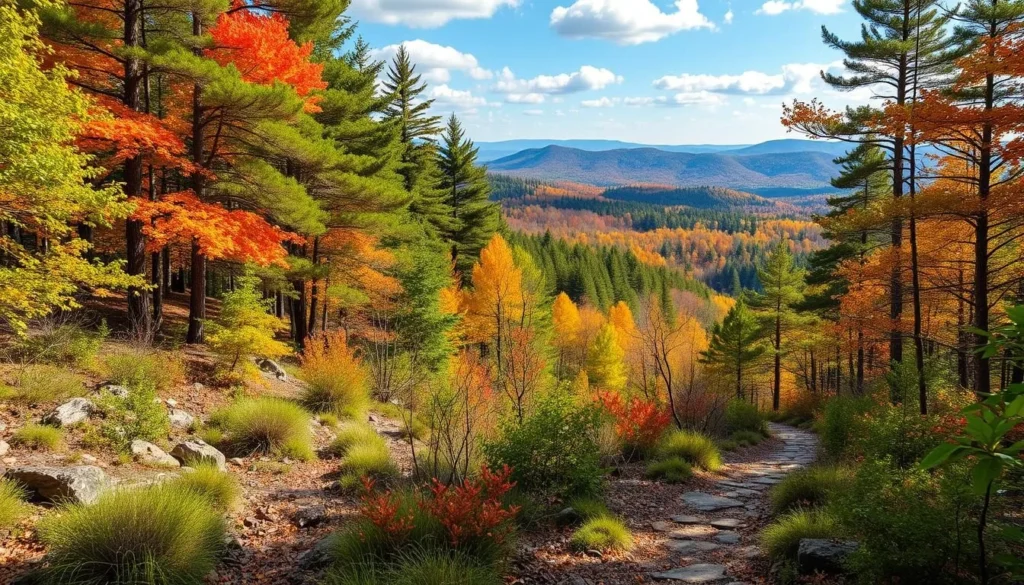 Generate an image of the Copicut Woods Hiking Trails, showcasing the diverse ecosystems and scenic beauty.