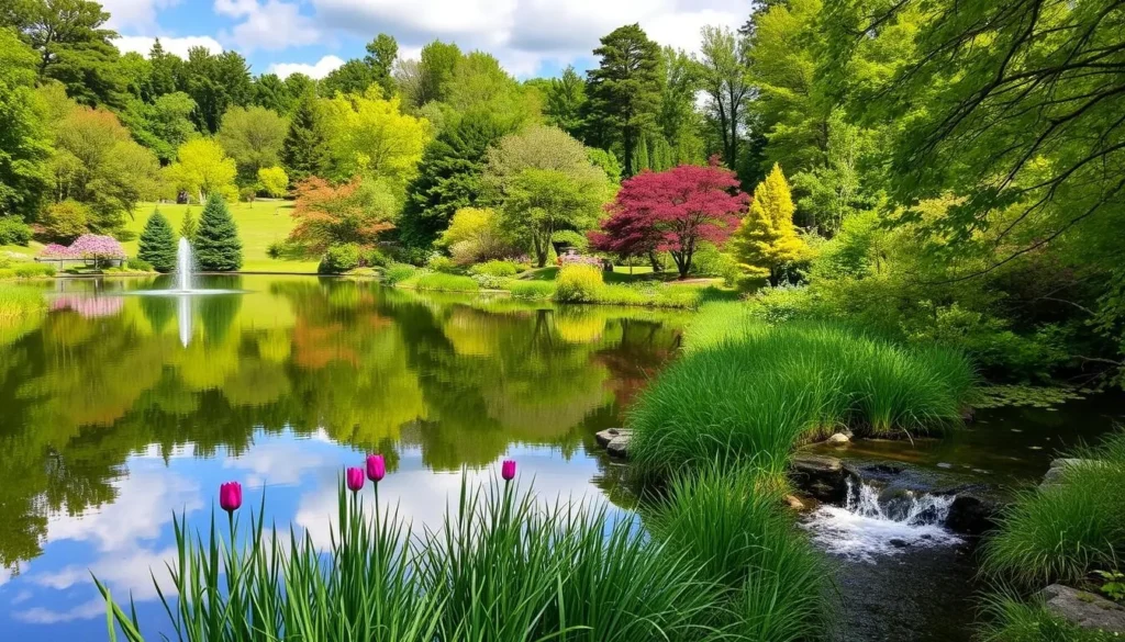 Generate an image of the Cornell Botanic Gardens featuring Bebe Lake and Falls Creek.
