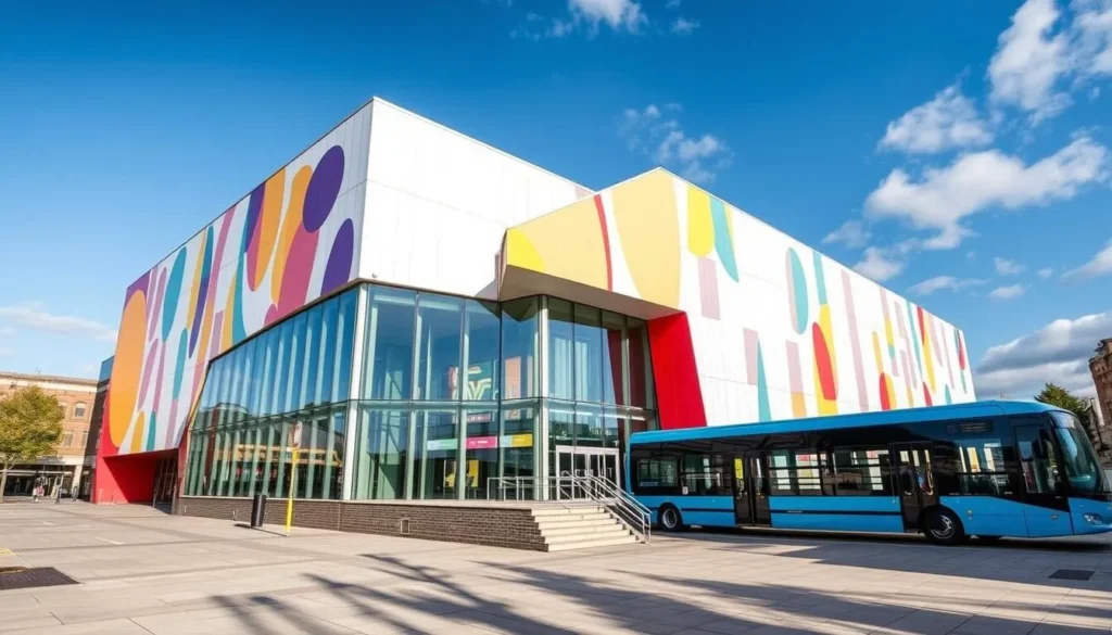 Generate an image of the Coventry Transport Museum's exterior, showcasing its modern architecture and central location.