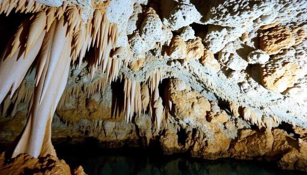 Generate an image of the Crystal Caves in Grand Cayman, showcasing the stunning limestone formations and sparkling crystals.