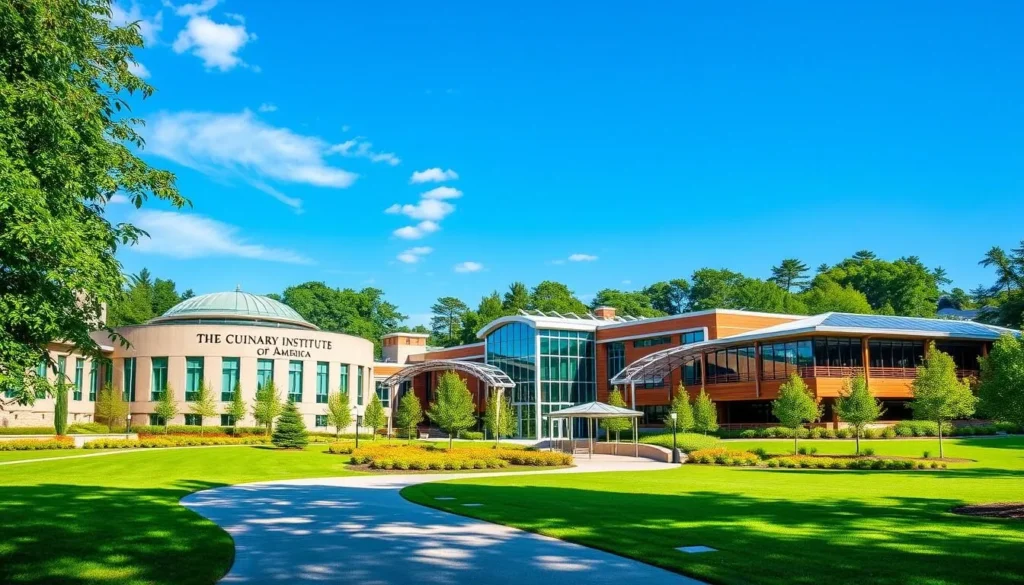 Generate an image of the Culinary Institute of America's Hyde Park campus, showcasing its modern architecture and beautiful surroundings.