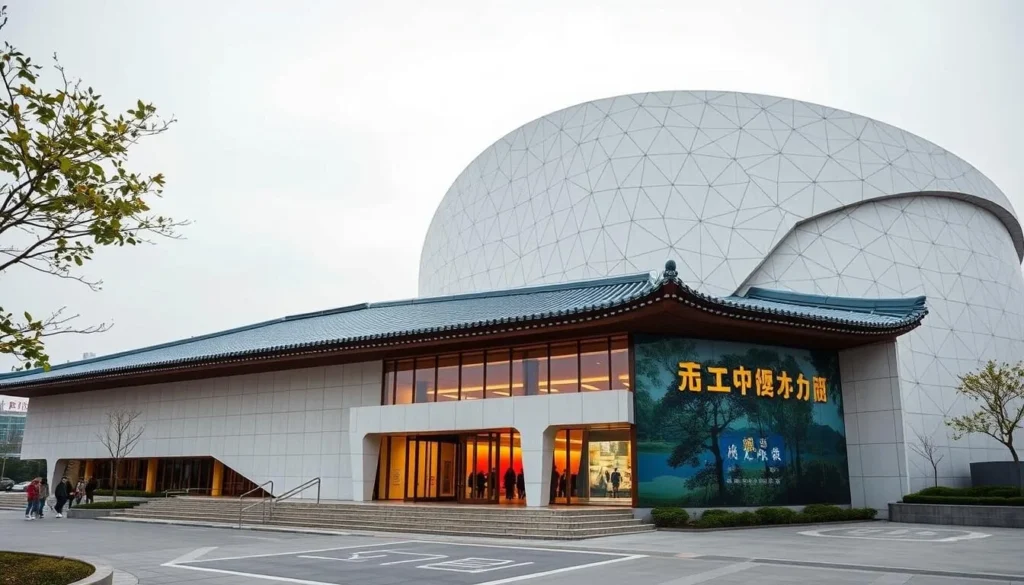 Generate an image of the Dalian Modern Museum's exterior or an interactive exhibit inside, highlighting its modern and traditional architectural elements.