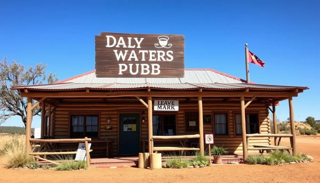 Generate an image of the Daly Waters Pub, a rustic Outback pub with a sign that invites travelers to leave their mark.