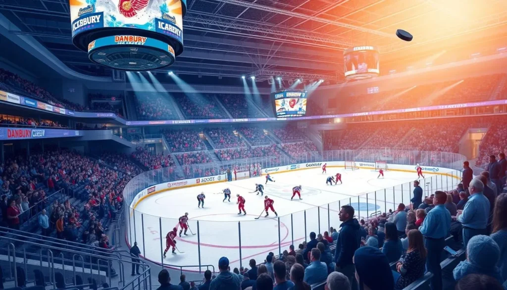 Generate an image of the Danbury Ice Arena during a hockey game
