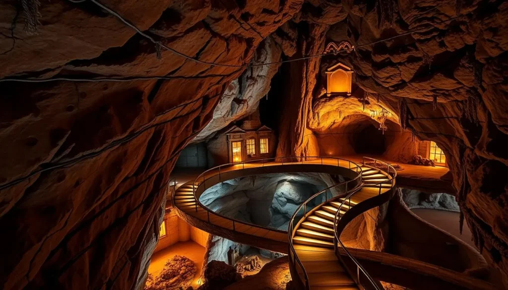 Generate an image of the Dancehall Cave with its walkways and lighting.