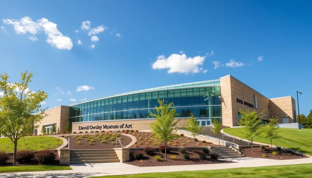 Generate an image of the David Owsley Museum of Art at Ball State University, showcasing its modern architecture and beautiful surroundings.