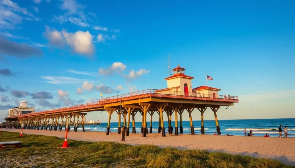 Generate an image of the Daytona Beach Main Street Pier stretching into the Atlantic Ocean.