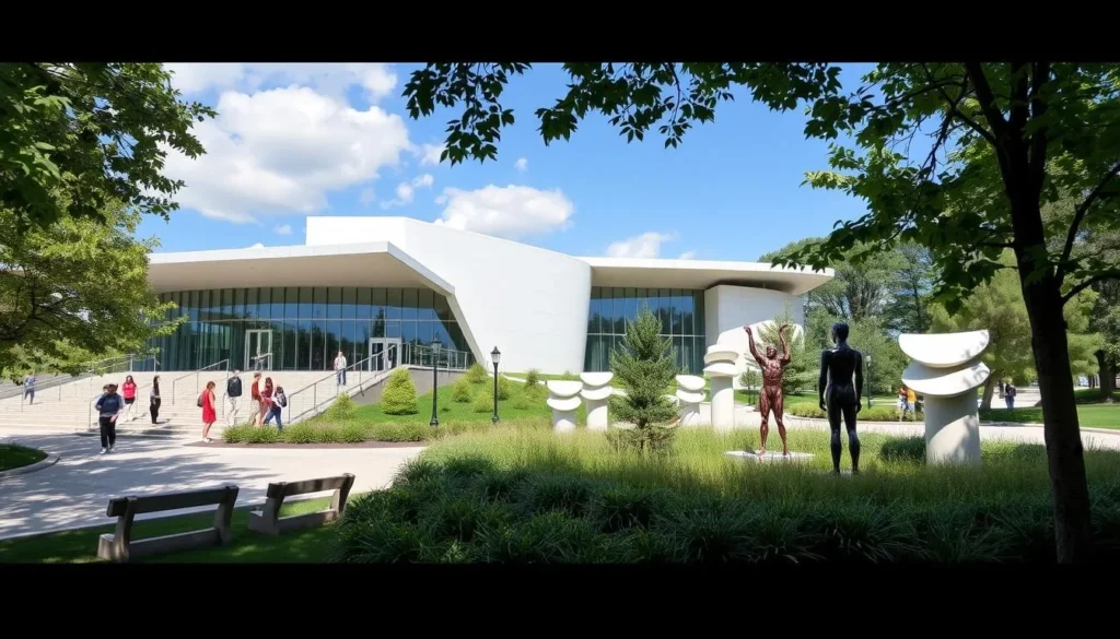 Generate an image of the Des Moines Art Center's modern architecture with its unique Pappajohn Sculpture Park nearby.