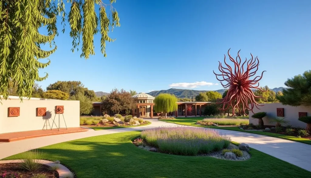 Generate an image of the Di Rosa Center for Contemporary Art's serene gardens and contemporary art installations.