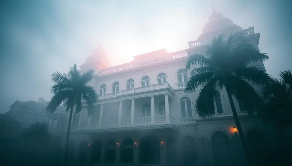 Generate an image of the Diplomat Hotel's facade with a misty atmosphere.