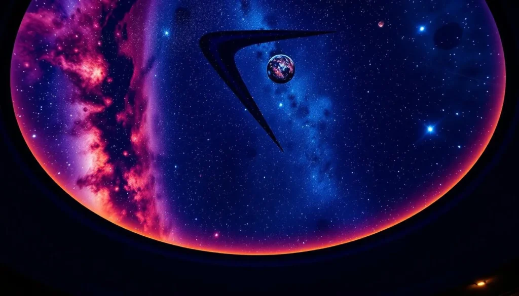 Generate an image of the Discovery Museum and Planetarium's planetarium show, with a large dome displaying a vibrant, colorful image of the night sky.