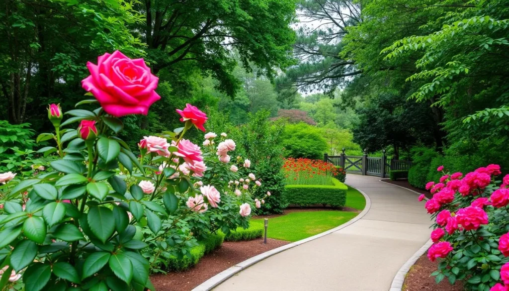 Generate an image of the Dothan Area Botanical Gardens featuring its beautiful rose garden and walking trails.