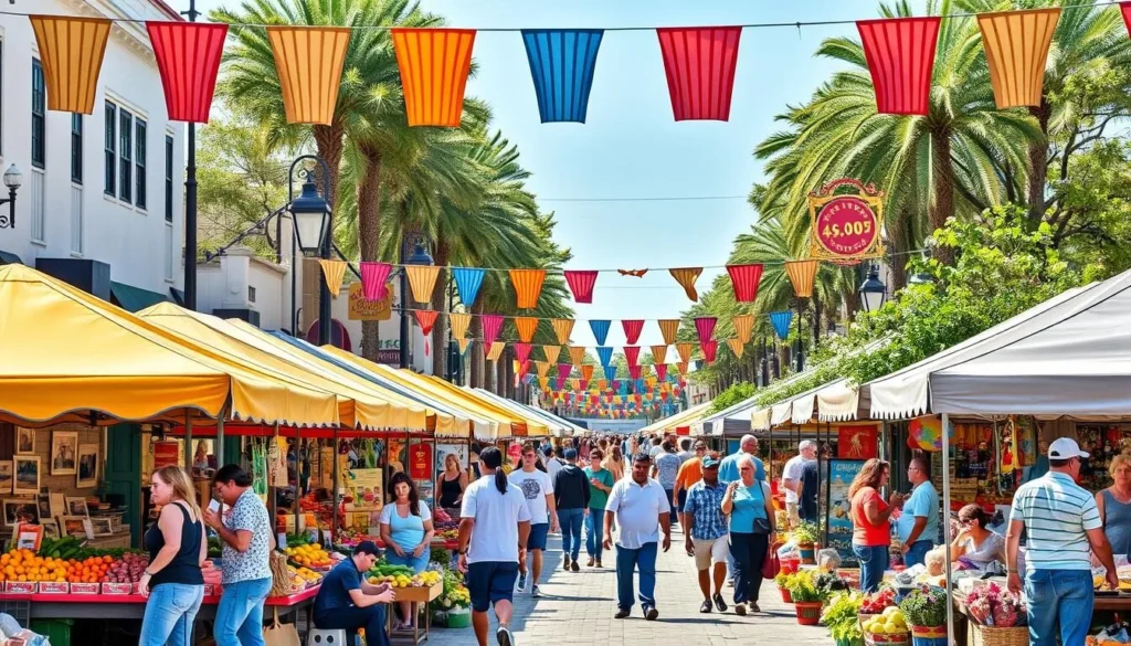 Generate an image of the Downtown Art and Farmers Market in full swing.