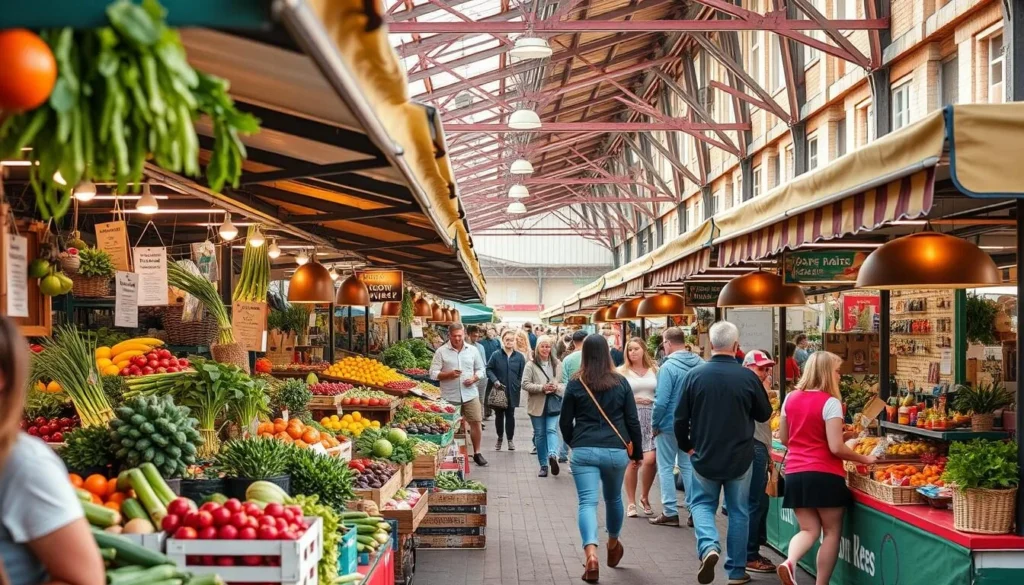 Generate an image of the Downtown Farmers' Market in Des Moines, showcasing a variety of stalls with fresh produce, artisan foods, and local crafts.