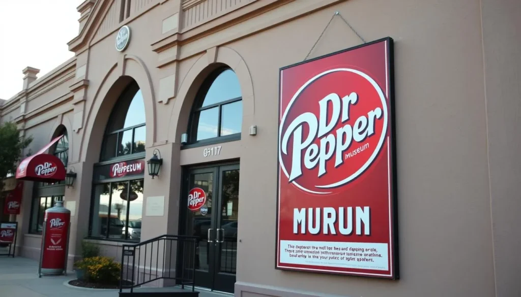 Generate an image of the Dr. Pepper Museum's exterior with a vintage Dr. Pepper advertisement on the side.