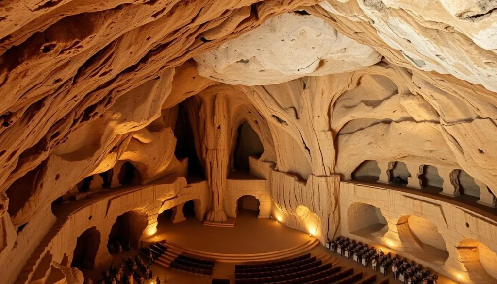 Generate an image of the Drogarati Cave's main chamber, known as the "Sala of Apotheosis" or Concert Hall, with its impressive rock formations and exceptional acoustics. Generate an image of the Drogarati Cave's main chamber, known as the "Sala of Apotheosis" or Concert Hall, with its impressive rock formations and exceptional acoustics.
