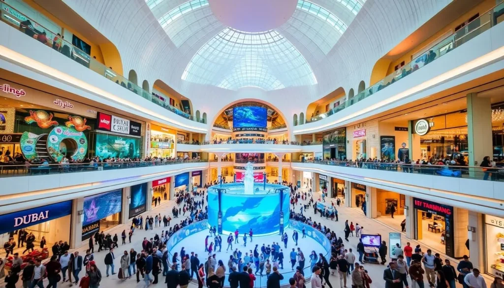 Generate an image of the Dubai Mall's interior, showcasing its vast shopping area and entertainment facilities.