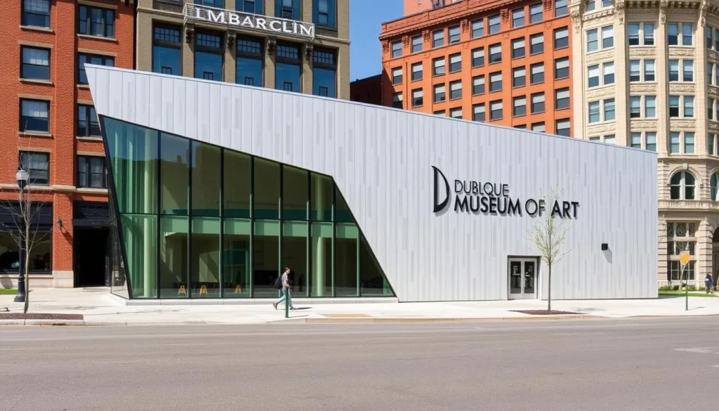 Generate an image of the Dubuque Museum of Art's exterior, showcasing its modern architecture amidst a historic setting.