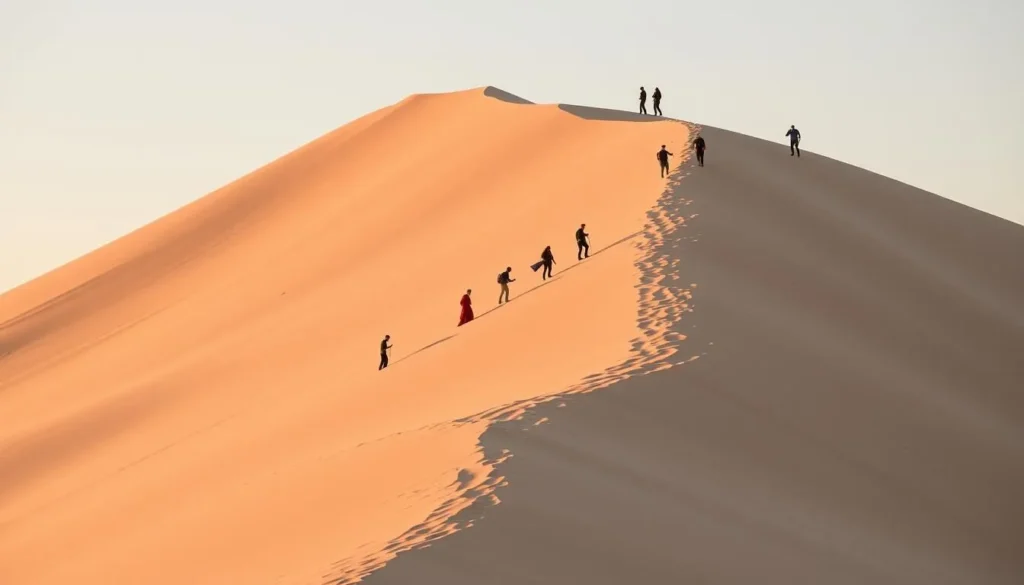 Generate an image of the Dune du Pilat at sunrise with a few tourists climbing the dune. Generate an image of the Dune du Pilat at sunrise with a few tourists climbing the dune.
