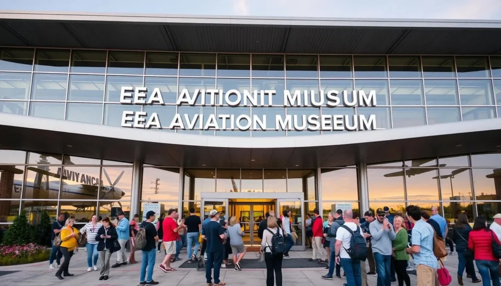 Generate an image of the EAA Aviation Museum's exterior with visitors walking towards the entrance.