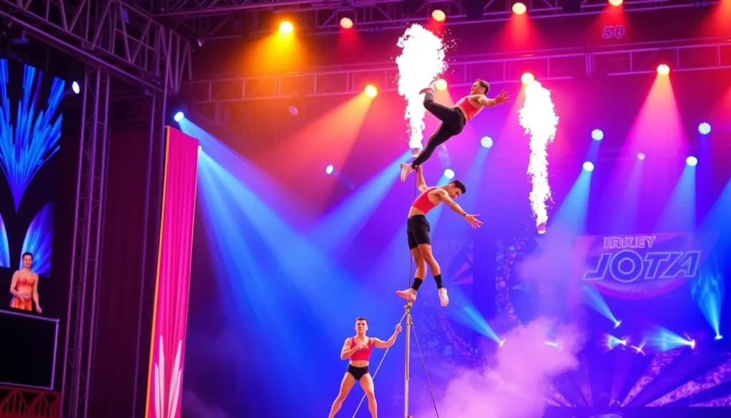 Generate an image of the ERA Acrobatic Show performance with acrobats performing a stunt.