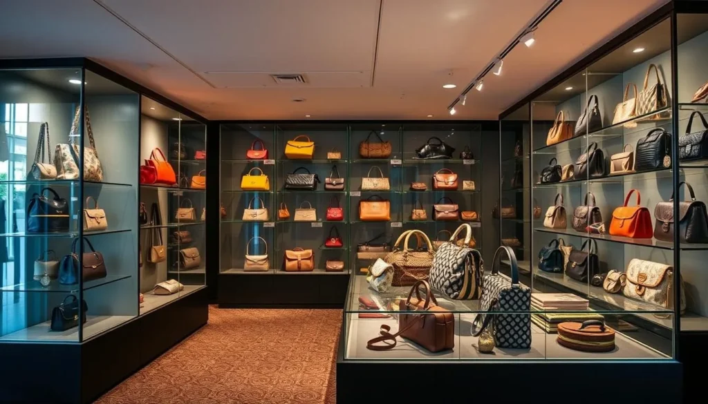 Generate an image of the ESSE Purse Museum's unique exhibits, showcasing its extensive collection of vintage handbags and accessories.