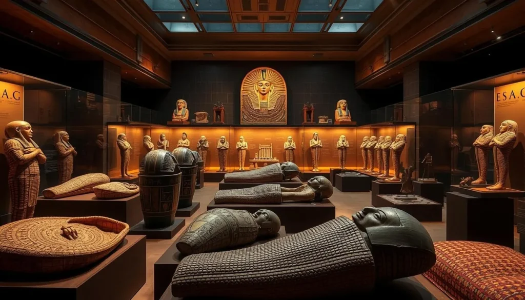 Generate an image of the Egypt Centre's exhibit, featuring mummies and sarcophagi.