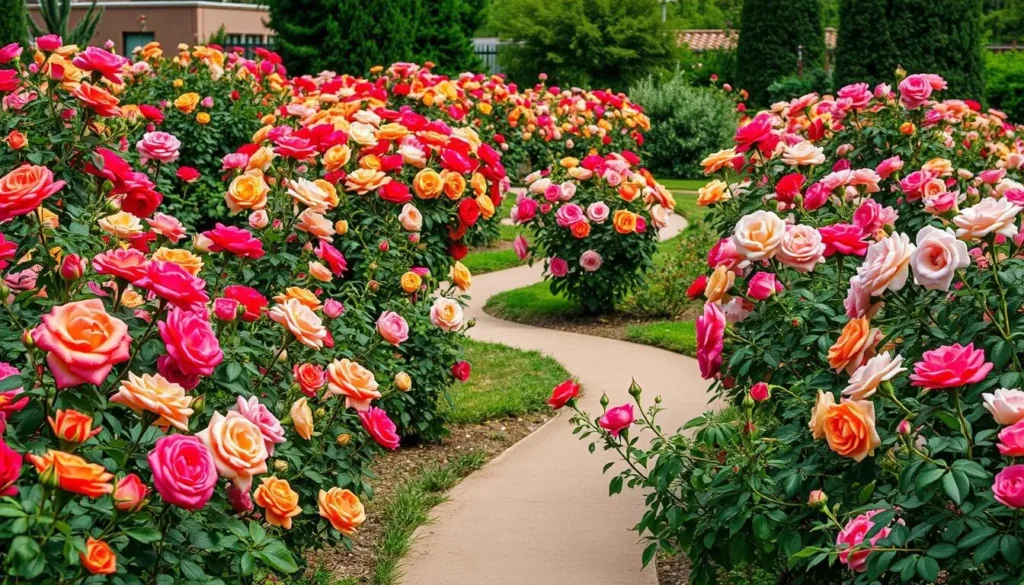 Generate an image of the El Paso Municipal Rose Garden with blooming roses and gentle paths.