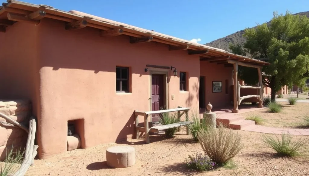 Generate an image of the El Pueblo History Museum's adobe trading post replica.