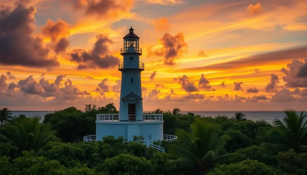 Generate an image of the Elbow Reef Lighthouse in Hope Town, Abacos Islands. Generate an image of the Elbow Reef Lighthouse in Hope Town, Abacos Islands.
