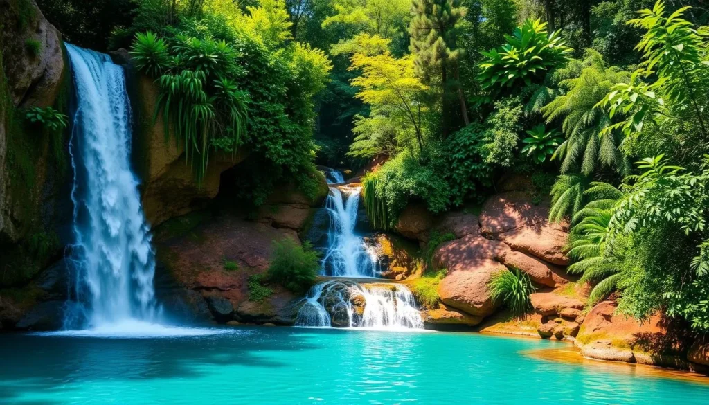 Generate an image of the Emerald Pool with crystal-clear water and a 40-foot waterfall.
