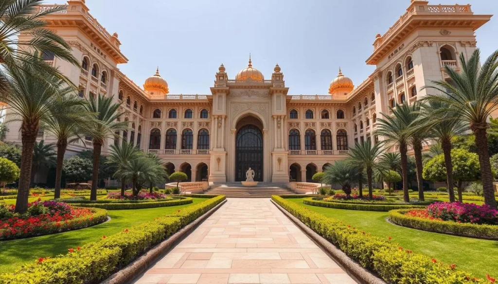 Generate an image of the Emirates Palace in Abu Dhabi, showcasing its grand architecture and lush gardens.