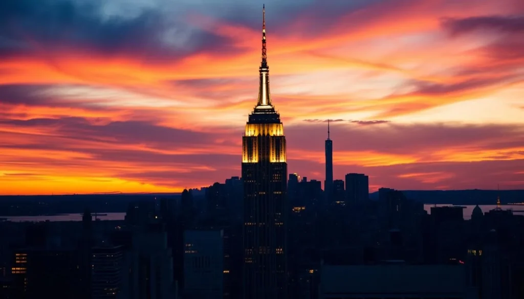 Generate an image of the Empire State Building at sunset. Generate an image of the Empire State Building at sunset.