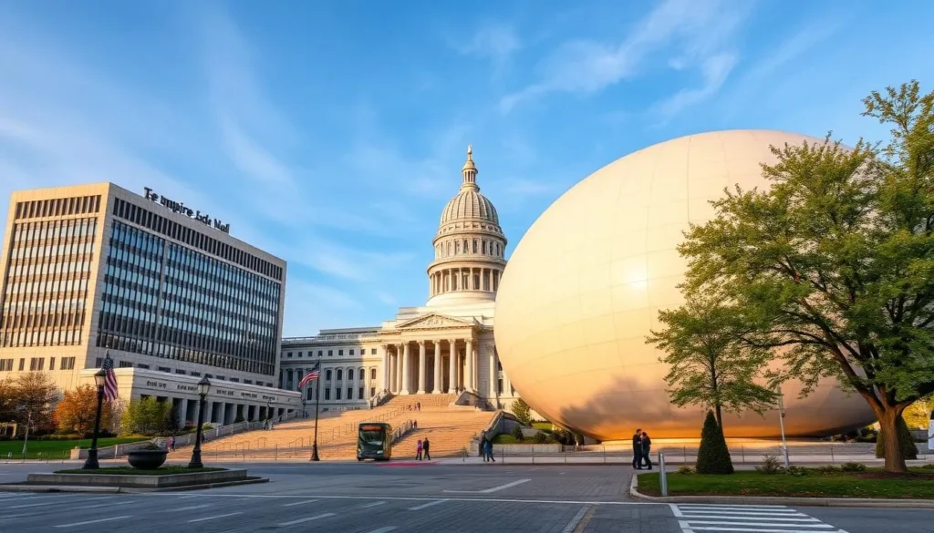 Generate an image of the Empire State Plaza and The Egg in Albany, New York, showcasing its modernist architecture and vibrant atmosphere.
