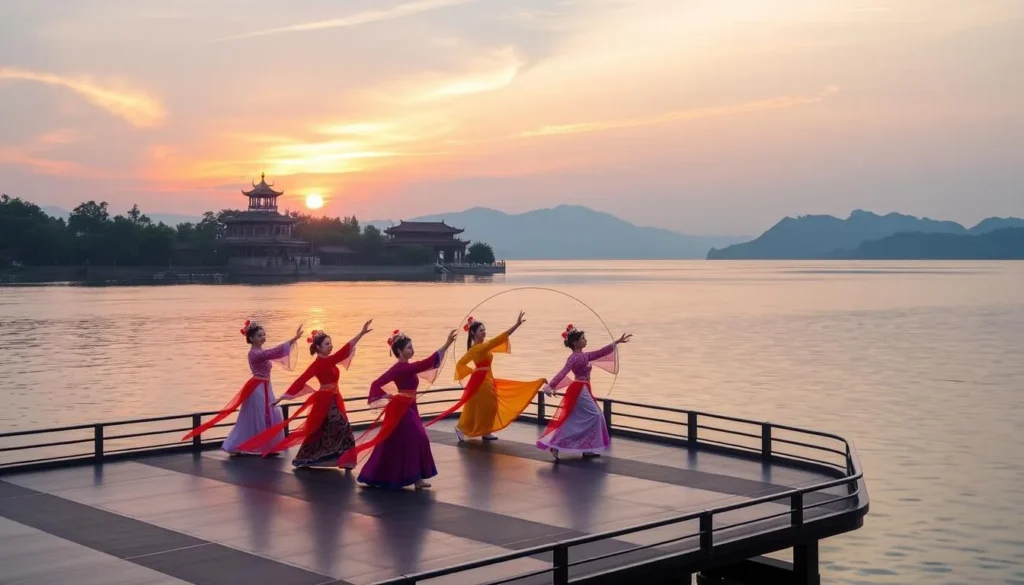 Generate an image of the "Enduring Memories of Hangzhou" show with performers on West Lake