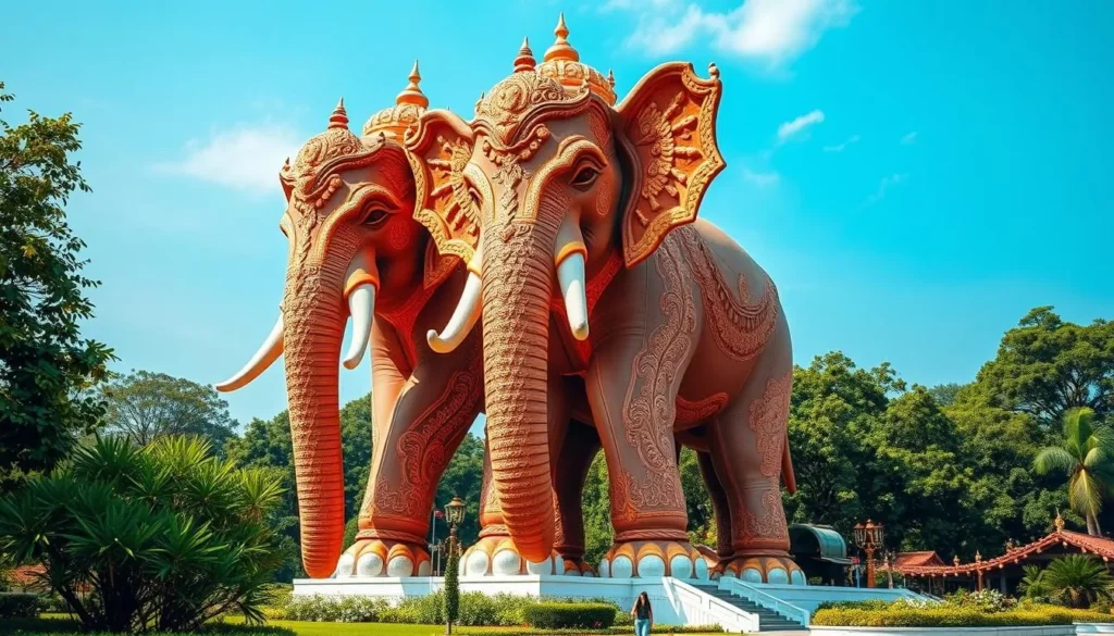 Generate an image of the Erawan Museum's giant three-headed elephant statue.