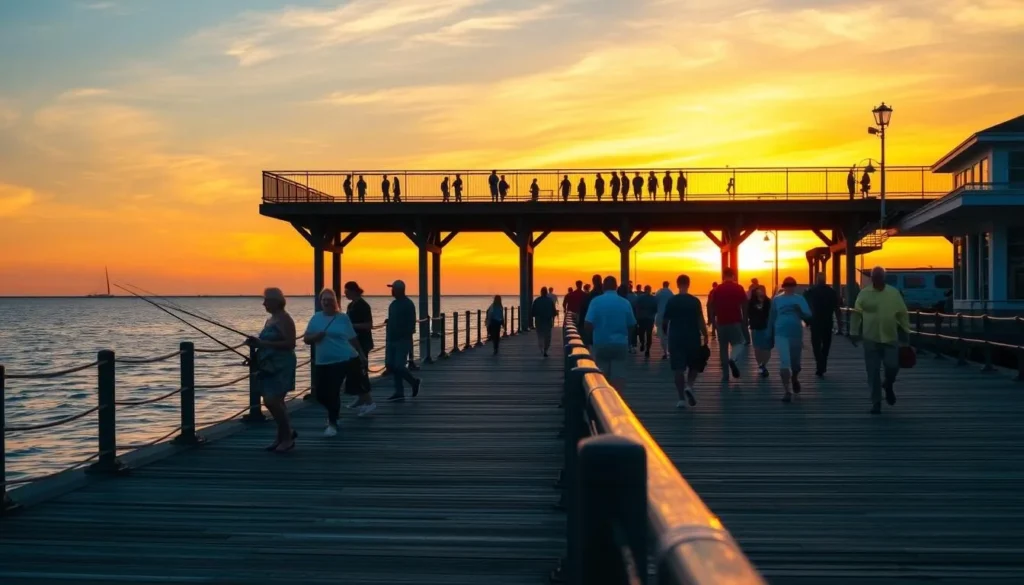 Generate an image of the Fairhope Municipal Pier at sunset with people fishing and walking.