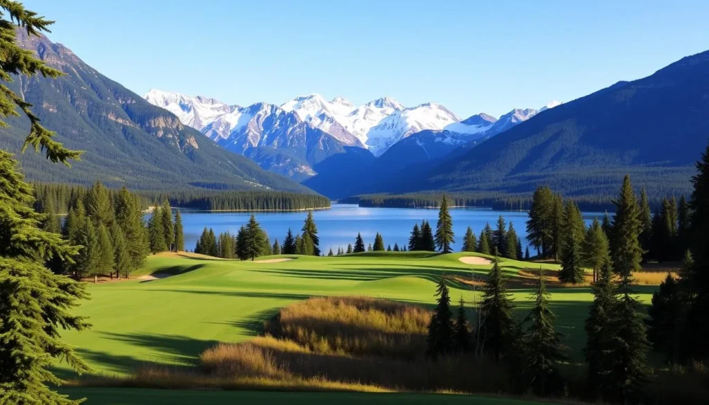 Generate an image of the Fairmont Jasper Park Golf Course with a serene lake in the background and mountains surrounding the golf greens.