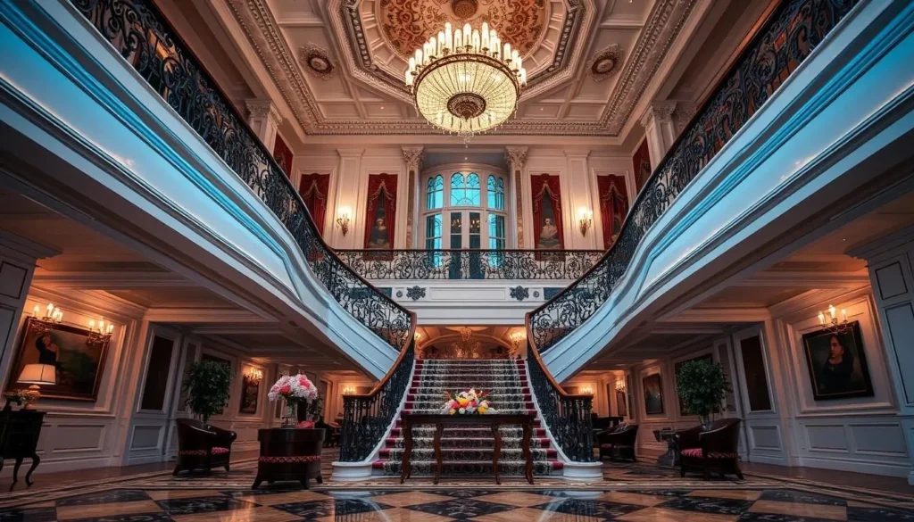 Generate an image of the Fenway Hotel's luxurious lobby with a grand staircase and elegant decor.