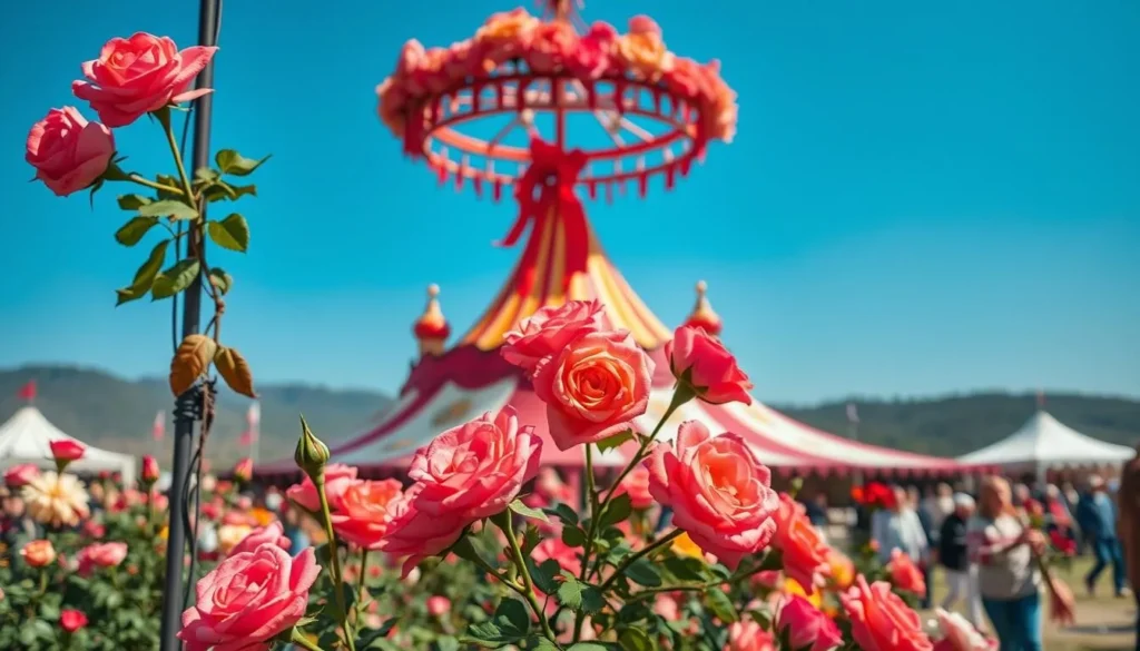 Generate an image of the Festival of Roses in Kazanlak, showcasing vibrant rose displays and cultural events.