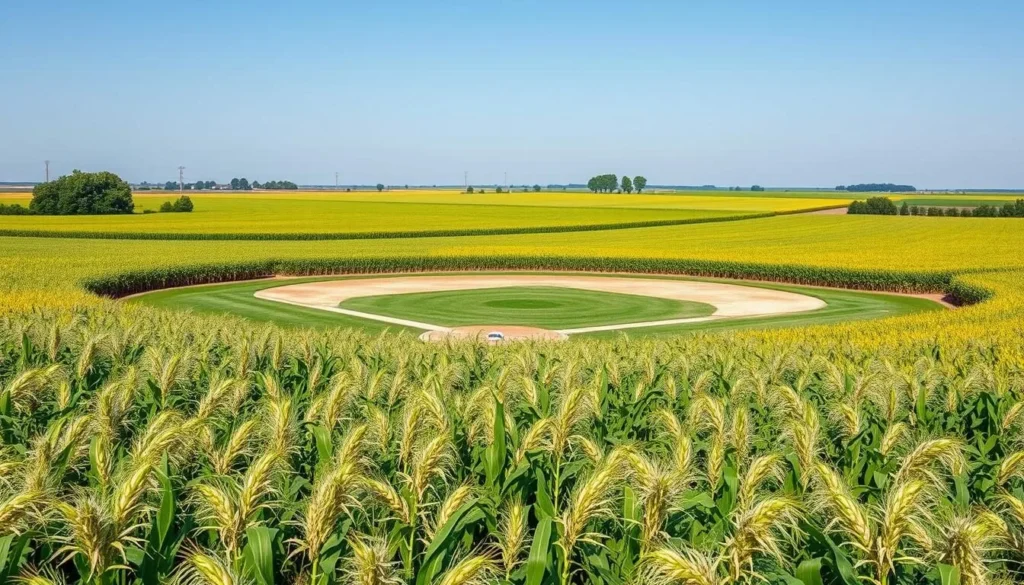 Generate an image of the Field of Dreams movie site in Dyersville, Iowa, with the cornfields surrounding the baseball diamond