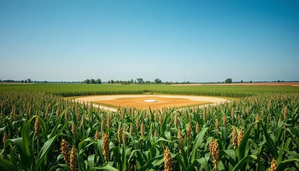 Generate an image of the Field of Dreams movie site with a baseball diamond in the middle of a cornfield.