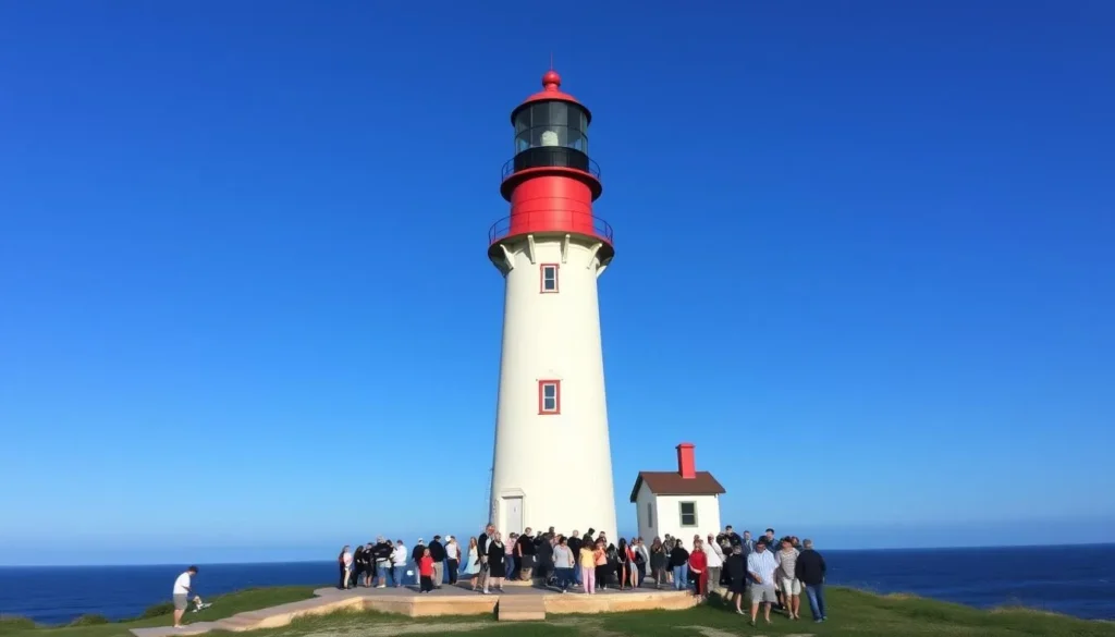 Generate an image of the Fire Island Lighthouse with visitors at the base and a panoramic view of the Atlantic Ocean in the background.