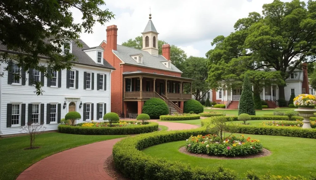 Generate an image of the First State Heritage Park's historic buildings and gardens.