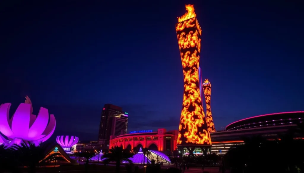 Generate an image of the Flame Towers at night with LED displays simulating dancing flames.