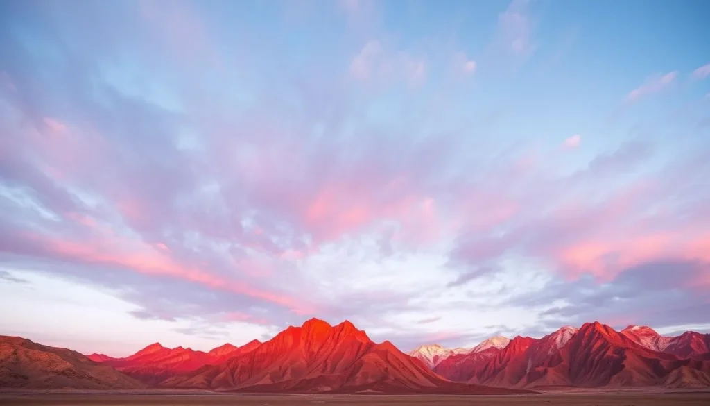 Generate an image of the Flaming Mountains at sunset, highlighting their red color.